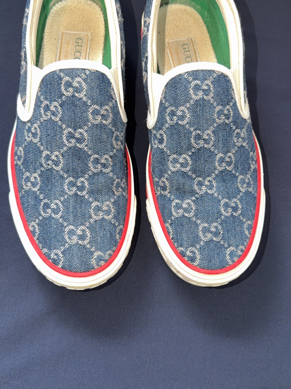 Gucci Denim GG Slip-On Sneakers in Blue & Red Trim Size 8.5 unisex.